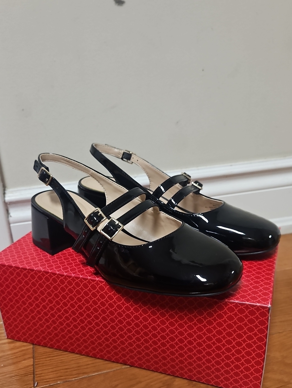 Kelly & Katie Black Patent Double-Strap Slingback Heels